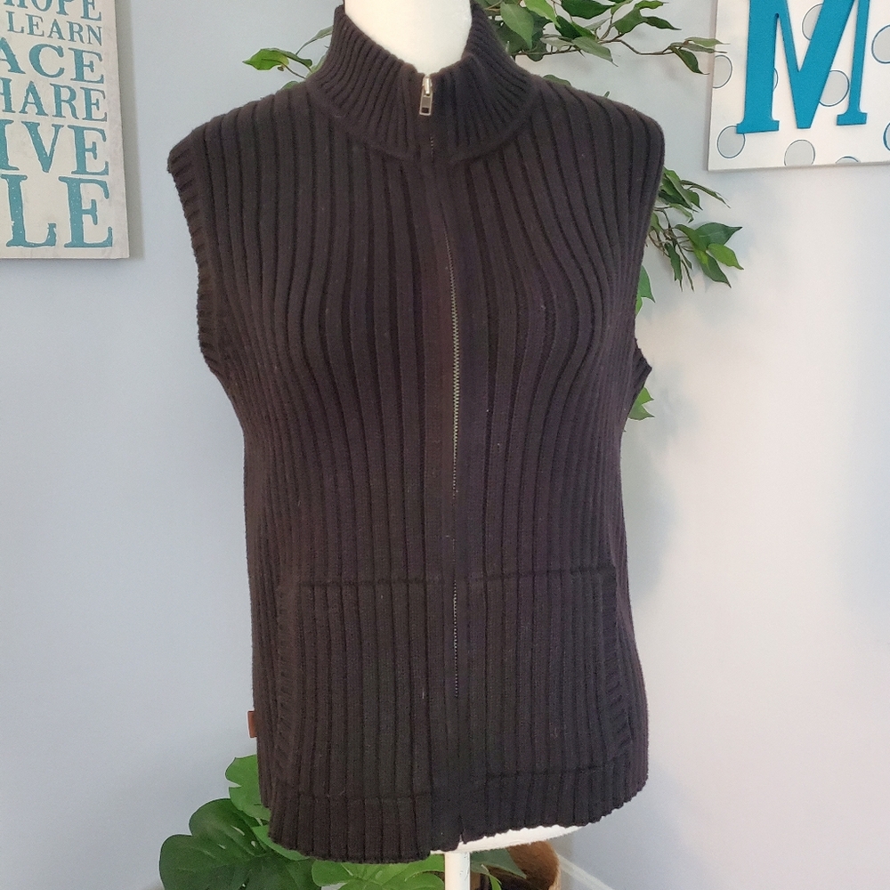 LAUREN RALPH LAUREN Ribbed Mock Neck Full Zip Vest Pockets L - Picture 3 of 11